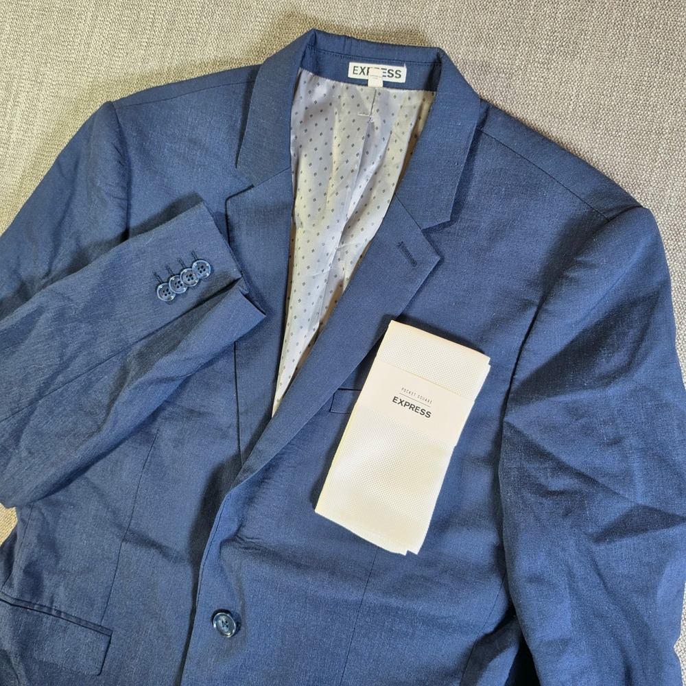 NEW Express Blazer Mens 38 Regular Blue Innovator Skinny‎ Fit Linen Wool Stretch